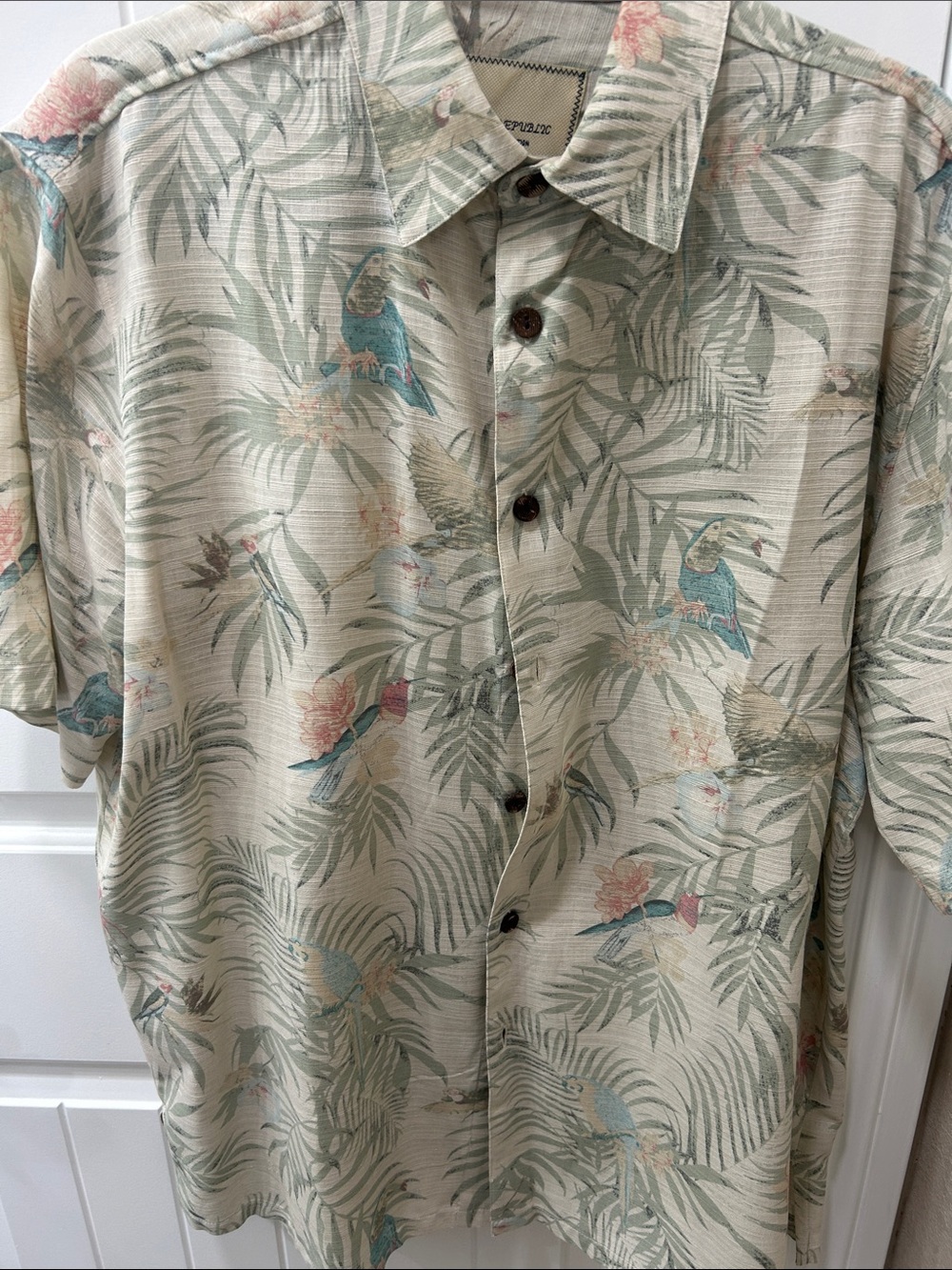 Island Republic Beige Camp Shirt with Teal Parrot Print